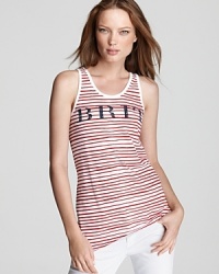 With seriously-skinny stripes and a subtly-distressed logo, this Burberry Brit tank goes overboard--in a good way. Team with well-worn denim and work the look from from seaside escape to city block. With seriously-skinny stripes and a subtly-distressed logo, this Burberry Brit tank goes overboard--in a good way. Team with well-worn denim and work the look from from seaside escape to city block.