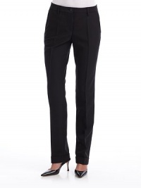THE LOOKFlat-front styleNarrow waistband with belt loops, button closure & interior button tabFront zipperSide pocketsBack waist dartsCuffed hemTHE FITRise, about 9Inseam, about 32THE MATERIAL57% wool/43% triacetateCARE & ORIGINDry cleanMade in Italy THE LOOKFlat-front styleNarrow waistband with belt loops, button closure & interior button tabFront zipperSide pocketsBack waist dartsCuffed hemTHE FITRise, about 9Inseam, about 32THE MATERIAL57% wool/43% triacetateCARE & ORIGINDry cleanMade in Italy