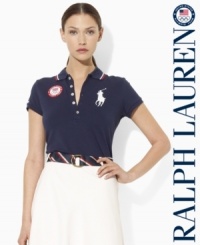 An iconic polo shirt from Ralph Lauren is crafted in a slim stretch silhouette from breathable cotton mesh and accented with bold country embroidery to celebrate Team USA's participation in the 2012 Olympic Games. An iconic polo shirt from Ralph Lauren is crafted in a slim stretch silhouette from breathable cotton mesh and accented with bold country embroidery to celebrate Team USA's participation in the 2012 Olympic Games.