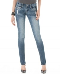 Sequins & rhinestones glam up these destroyed Dollhouse skinny jeans for a tough-chic look! Sequins & rhinestones glam up these destroyed Dollhouse skinny jeans for a tough-chic look!