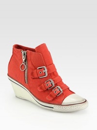 Stitched canvas upper with a slight wedge, adjustable buckle straps and an exposed side zipper. Self-covered wedge, 2½ (65mm)Washed canvas upperRubber solePadded insoleImportedOUR FIT MODEL RECOMMENDS ordering true whole size; ½ sizes should order the next whole size up. Stitched canvas upper with a slight wedge, adjustable buckle straps and an exposed side zipper. Self-covered wedge, 2½ (65mm)Washed canvas upperRubber solePadded insoleImportedOUR FIT MODEL RECOMMENDS ordering true whole size; ½ sizes should order the next whole size up.