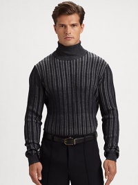 A handsomely crafted wool turtleneck sweater is defined by two-tone striping and ribbed knit detail.TurtleneckRibbed collar, cuffs and hemWoolDry cleanImported A handsomely crafted wool turtleneck sweater is defined by two-tone striping and ribbed knit detail.TurtleneckRibbed collar, cuffs and hemWoolDry cleanImported
