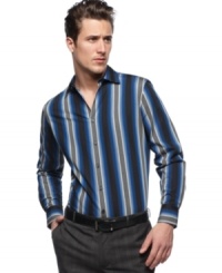 Things are looking up with the vertical stripes on this long-sleeved woven shirt from INC International Concepts. Things are looking up with the vertical stripes on this long-sleeved woven shirt from INC International Concepts.