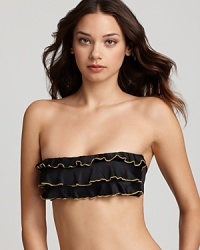 Bring gamine style to the beach with this charming PilyQ bikini. The ruffled bandeau top is perfectly playful. Bring gamine style to the beach with this charming PilyQ bikini. The ruffled bandeau top is perfectly playful.