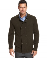 Add some edge to any day at the office with this updated classic cardigan from Tasso Elba. Add some edge to any day at the office with this updated classic cardigan from Tasso Elba.