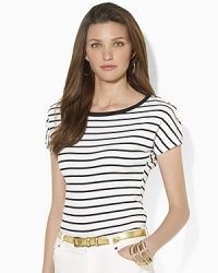 Maritime stripes are all aboard this soft slub jersey tee, rendered with breezy dolman sleeves and metal crest-embossed buttons for a decidedly nautical feel. Maritime stripes are all aboard this soft slub jersey tee, rendered with breezy dolman sleeves and metal crest-embossed buttons for a decidedly nautical feel.