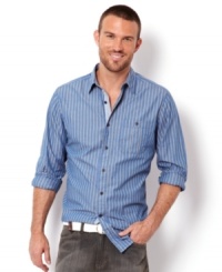 Straighten out your preppy look with this striped shirt from Nautica. Straighten out your preppy look with this striped shirt from Nautica.