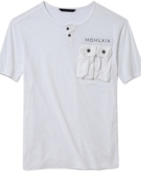 A henley from Sean John that doesn't stick to the rules. Its chest pocket: A doubled mini pocket with a button-flap closure. Its placket: two buttons instead of three. Its graphic: Not a logo, but the Roman numerals for Sean Combs's birth year 1969. A henley from Sean John that doesn't stick to the rules. Its chest pocket: A doubled mini pocket with a button-flap closure. Its placket: two buttons instead of three. Its graphic: Not a logo, but the Roman numerals for Sean Combs's birth year 1969.