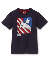 PUMA's cool cotton team tee sports distressed print on the front and back, touting proudly the good old US of A. PUMA's cool cotton team tee sports distressed print on the front and back, touting proudly the good old US of A.
