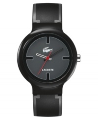 Get back to the basics with this chic black watch from Lacoste. Black silicone strap with grey stripes and round black plastic case. Round grey dial with logo and stick indices. Quartz movement. Water resistant to 30 meters. Two-year limited warranty. Get back to the basics with this chic black watch from Lacoste. Black silicone strap with grey stripes and round black plastic case. Round grey dial with logo and stick indices. Quartz movement. Water resistant to 30 meters. Two-year limited warranty.