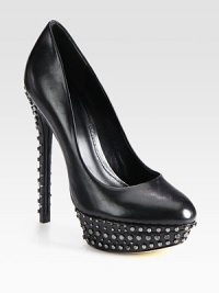 Not-so-basic leather pump with edgy metal studs on a sky-high heel and platform. Self-covered heel with metal studs, 5½ (140mm)Leather platform with metal studs, 1¼ (30mm)Compares to a 4¼ heel (110mm)Leather upperLeather lining and solePadded insoleImported Not-so-basic leather pump with edgy metal studs on a sky-high heel and platform. Self-covered heel with metal studs, 5½ (140mm)Leather platform with metal studs, 1¼ (30mm)Compares to a 4¼ heel (110mm)Leather upperLeather lining and solePadded insoleImported