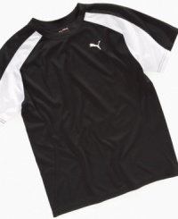 Keep him cool and dry when he's hard at work on the track or the field with this mesh sport tee from Puma. Keep him cool and dry when he's hard at work on the track or the field with this mesh sport tee from Puma.