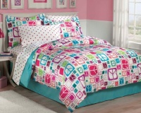 Retro Peace Signs Turquoise Pink Girls Comforter Set Retro Peace Signs Turquoise Pink Girls Comforter Set