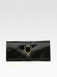 Black leather and black leather trimNatural cotton and linen liningAntique gold hardwareSpur detail on leatherZip closure under the flapInner open pocketTwo inside open pockets14W X 7H X 2DMade in Italy Black leather and black leather trimNatural cotton and linen liningAntique gold hardwareSpur detail on leatherZip closure under the flapInner open pocketTwo inside open pockets14W X 7H X 2DMade in Italy