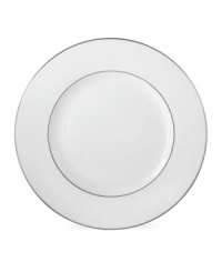 Beautiful and bridal-inspired, this classic white plate is richly textured with a delicate floral motif and raised, beaded accents. Finished with a band of polished platinum. Beautiful and bridal-inspired, this classic white plate is richly textured with a delicate floral motif and raised, beaded accents. Finished with a band of polished platinum.