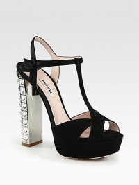 Light-catching Swarovski crystals decorate the heel of this towering platform pump in sumptuous Italian satin. Swarovski crystal-encrusted metal heel, 5½ (140mm)Covered platform, 1¼ (30mm)Compares to a 4¼ heel (110mm)Satin upperAnkle strap with button closureLeather lining and solePadded insoleMade in Italy Light-catching Swarovski crystals decorate the heel of this towering platform pump in sumptuous Italian satin. Swarovski crystal-encrusted metal heel, 5½ (140mm)Covered platform, 1¼ (30mm)Compares to a 4¼ heel (110mm)Satin upperAnkle strap with button closureLeather lining and solePadded insoleMade in Italy