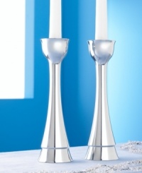 Kindle the traditional Sabbath lights with these stunningly modern candlesticks. A design of soaring curves combines with a polished stainless steel surface for minimalist elegance. Kindle the traditional Sabbath lights with these stunningly modern candlesticks. A design of soaring curves combines with a polished stainless steel surface for minimalist elegance.