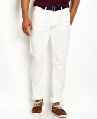 Break with convention. Roll up the cuffs on these cream-colored jeans from Nautica and pair them with a pair of deck shoes for a bold look. Break with convention. Roll up the cuffs on these cream-colored jeans from Nautica and pair them with a pair of deck shoes for a bold look.