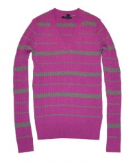 Tommy Hilfiger Women V-Neck Striped Logo Sweater Pullover Tommy Hilfiger Women V-Neck Striped Logo Sweater Pullover
