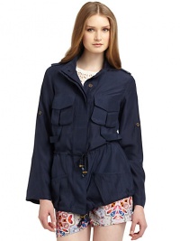 THE LOOKEpaulettes at shouldersDual cargo pockets at chestConcealed button closureDrawstring tie at waist and hemDual lower front besom pocketsTHE FITAbout 27 from shoulder to hemTHE MATERIALSilkCARE & ORIGINDry cleanImportedModel shown is 5'11 (180cm) wearing US size Small. THE LOOKEpaulettes at shouldersDual cargo pockets at chestConcealed button closureDrawstring tie at waist and hemDual lower front besom pocketsTHE FITAbout 27 from shoulder to hemTHE MATERIALSilkCARE & ORIGINDry cleanImportedModel shown is 5'11 (180cm) wearing US size Small.