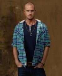 Blending the rugged look of workwear classics with the casual comfort of fleece, this hooded workshirt in heavy-weight plaid flannel gives any ensemble a dose of downtown edge. Blending the rugged look of workwear classics with the casual comfort of fleece, this hooded workshirt in heavy-weight plaid flannel gives any ensemble a dose of downtown edge.