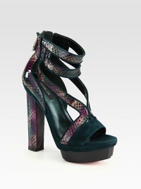 Lifted by a towering heel and island platform, this multicolored snakeskin gladiator has contrasting suede trim and an exposed back zipper. Self-covered heel, 5½ (140mm)Island platform, 1½ (40mm)Compares to a 4 heel (100mm)Snakeskin and suede upperBack zipperLeather lining and solePadded insoleImported Lifted by a towering heel and island platform, this multicolored snakeskin gladiator has contrasting suede trim and an exposed back zipper. Self-covered heel, 5½ (140mm)Island platform, 1½ (40mm)Compares to a 4 heel (100mm)Snakeskin and suede upperBack zipperLeather lining and solePadded insoleImported