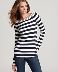A contrasting boat neckline lends visual interest to this sailor-chic Ella Moss top. A contrasting boat neckline lends visual interest to this sailor-chic Ella Moss top.