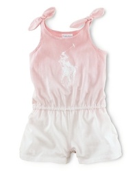A sweet sleeveless romper in soft cotton jersey is truly adorable in an ombré hue accented with a printed polo pony. A sweet sleeveless romper in soft cotton jersey is truly adorable in an ombré hue accented with a printed polo pony.