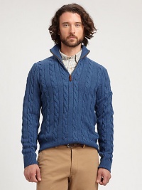 Soft, warm cotton/cashmere style in a richly textured cable knit with half zip closure.Suede zipper pullRibbed collar, cuffs and hemLong sleevesAbout 27 from shoulder to hemCotton/cashmereHand washImported Soft, warm cotton/cashmere style in a richly textured cable knit with half zip closure.Suede zipper pullRibbed collar, cuffs and hemLong sleevesAbout 27 from shoulder to hemCotton/cashmereHand washImported