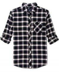 With your favorite pair of jeans, this plaid shirt from Guess is the right dose of casual cool. With your favorite pair of jeans, this plaid shirt from Guess is the right dose of casual cool.