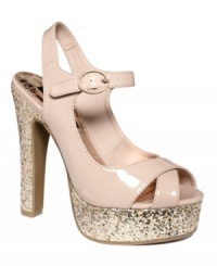 Designer devotion! The Sacred platform sandals by Material Girl glitter bombs your look with patent leather straps, shimmery platform and sky-high heel. Designer devotion! The Sacred platform sandals by Material Girl glitter bombs your look with patent leather straps, shimmery platform and sky-high heel.
