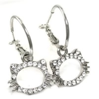Small Silver Plated Crystal Hello Kitty Face Outline Hoop Earrings with Sparkling Genuine Austrian Crystals Small Silver Plated Crystal Hello Kitty Face Outline Hoop Earrings with Sparkling Genuine Austrian Crystals