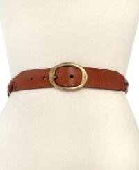 Give your style a vintage vibe with this rich leather belt from Fossil. With hippie-chic braided detailing and antiqued brass-tone buckle, it's the perfect accent to any laid-back look. Give your style a vintage vibe with this rich leather belt from Fossil. With hippie-chic braided detailing and antiqued brass-tone buckle, it's the perfect accent to any laid-back look.