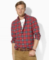 Cut for a classic, relaxed fit, a handsome sport shirt is crafted from soft oxford-woven cotton in a bold plaid pattern. Cut for a classic, relaxed fit, a handsome sport shirt is crafted from soft oxford-woven cotton in a bold plaid pattern.