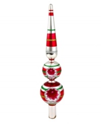 Make your tree a reflection of your cool vintage style with Christopher Radko's Shiny Brite finial. Ball ornaments stacked with a long teardrop shape put your holiday decor over the top. Featuring stripes of mirrored silver, red and shimmering green. Make your tree a reflection of your cool vintage style with Christopher Radko's Shiny Brite finial. Ball ornaments stacked with a long teardrop shape put your holiday decor over the top. Featuring stripes of mirrored silver, red and shimmering green.