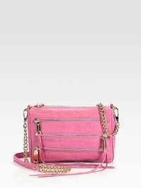 Exposed zip pockets add casual-cool style to this sleek leather bag, finished with a versatile chain strap. Detachable convertible chain and leather shoulder strap, 14 or 22 dropTop zip closureProtective metal feetOne outside zip pocketTwo decorative front zippersCotton lining9W X 6H X 1¾DImported Exposed zip pockets add casual-cool style to this sleek leather bag, finished with a versatile chain strap. Detachable convertible chain and leather shoulder strap, 14 or 22 dropTop zip closureProtective metal feetOne outside zip pocketTwo decorative front zippersCotton lining9W X 6H X 1¾DImported