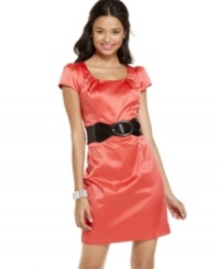 Strike an elegant pose in this formal BCX dress, made adorable with puff sleeves and a wide, removable belt! Strike an elegant pose in this formal BCX dress, made adorable with puff sleeves and a wide, removable belt!