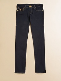 A classic pair of skinny jeans in a dressy dark wash with a feminine, lonestar stitching update.Front button closureAdjustable waistband with buttons and belt loopsZip flyFive-pocket style94% cotton/5% polyester/1% spandexMachine washMade in USA of imported fabric A classic pair of skinny jeans in a dressy dark wash with a feminine, lonestar stitching update.Front button closureAdjustable waistband with buttons and belt loopsZip flyFive-pocket style94% cotton/5% polyester/1% spandexMachine washMade in USA of imported fabric