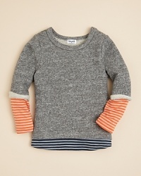 Splendid Little's marled sweatshirt features raw edges and striped sleeved and hem insets for a sporty rag-tag look. Splendid Little's marled sweatshirt features raw edges and striped sleeved and hem insets for a sporty rag-tag look.