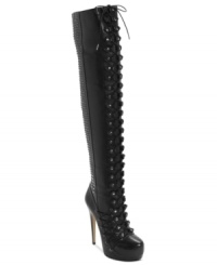 Do you dare? Take your look to new heights with Truth or Dare by Madonna's Cardella platform lace-up boots. With lace-up shaft and vamp plus stud detail on back. Do you dare? Take your look to new heights with Truth or Dare by Madonna's Cardella platform lace-up boots. With lace-up shaft and vamp plus stud detail on back.