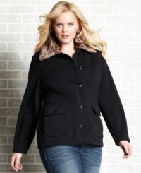 Score a luxe look with Dollhouse's plus size jacket, accented by faux fur trim-- it's a must-have for your casual lineup this season!