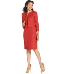 Kasper takes traditional tweed and gives it a new look in rich red: a fitted sheath dress and collarless jacket give this classic fabric a fresh, modern feel. Kasper takes traditional tweed and gives it a new look in rich red: a fitted sheath dress and collarless jacket give this classic fabric a fresh, modern feel.