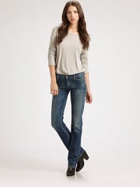 Tailored with endless styling possibilities, these classic straight-leg jeans have a slightly faded wash and distressed back pockets. THE FITInseam, about 34THE DETAILSButton closureZip flyFive-pocket style98% cotton/2% polyurethaneMachine washMade in USA of imported fabricModel shown is 5'10 (177cm) wearing US size 2. Tailored with endless styling possibilities, these classic straight-leg jeans have a slightly faded wash and distressed back pockets. THE FITInseam, about 34THE DETAILSButton closureZip flyFive-pocket style98% cotton/2% polyurethaneMachine washMade in USA of imported fabricModel shown is 5'10 (177cm) wearing US size 2.