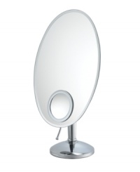 Focus up. Featuring an elegant oval shape and 10x magnifying inset, this vanity makeup mirror offers two views in one sophisticated design. Adjustable. Focus up. Featuring an elegant oval shape and 10x magnifying inset, this vanity makeup mirror offers two views in one sophisticated design. Adjustable.