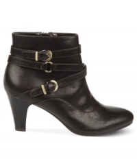 A trip of buckled straps stands out on the brief shaft of Life Stride's Yoyo booties. A trip of buckled straps stands out on the brief shaft of Life Stride's Yoyo booties.