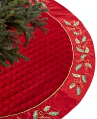 Grand and traditional, the Holly Christmas tree skirt features sumptuous red velvet quilted with a classic diamond motif and a satin border stitched with holly. Grand and traditional, the Holly Christmas tree skirt features sumptuous red velvet quilted with a classic diamond motif and a satin border stitched with holly.