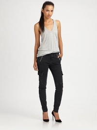 Following the utilitarian trend, these stretchy skinnies have a medium rise and cool cargo pockets. THE FITMedium rise, about 8Inseam, about 29THE DETAILSTab closureZip flyZippered front slash pockets; cargo pocketsZippered cuffsBack besom pocket98% cotton/2% LycraMachine washMade in USAModel shown is 5'9 (176cm) wearing US size 4. Following the utilitarian trend, these stretchy skinnies have a medium rise and cool cargo pockets. THE FITMedium rise, about 8Inseam, about 29THE DETAILSTab closureZip flyZippered front slash pockets; cargo pocketsZippered cuffsBack besom pocket98% cotton/2% LycraMachine washMade in USAModel shown is 5'9 (176cm) wearing US size 4.