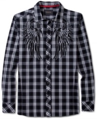 Handsome plaid shirt by Ring of Fire with uniquely attractive design on front. Handsome plaid shirt by Ring of Fire with uniquely attractive design on front.