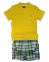 Izod Boys Polo Shirt/Short Set-Yellow/Plaid