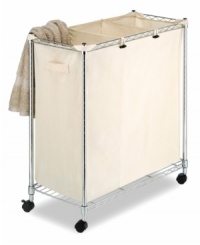 The ultimate in organization and conveneince! Keep your laundry tidy and accessible with three canvas compartments on a sleek, rolling metal stand. The ultimate in organization and conveneince! Keep your laundry tidy and accessible with three canvas compartments on a sleek, rolling metal stand.
